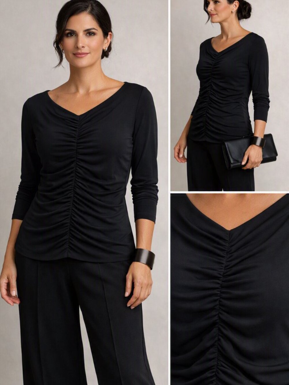 J Crew Elegant Black Ruched Jersey Top Blouse Size L